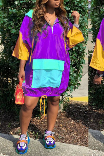 Sky blue yellow light purple OL hooded Patchwork Solid Stitching Plus Size