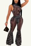 Black Polyester Fashion Sexy adult Ma'am Print Two Piece Suits Loose Sleeveless Two Pieces