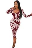 Red Sexy adult Fashion Cap Sleeve Long Sleeves O neck Step Skirt Mid-Calf Patchwork Print