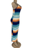 Vestidos com estampa de tornozelo e comprimento do tornozelo da senhora moda azul-claro sexy adulto com alça de espaguete sem mangas
