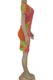розово-красный сексуальный с короткими рукавами с круглым вырезом ступенчатая юбка длиной до колен с принтом омбре цветные платья с галстуком и краской