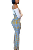 Blu navy moda sexy per adulti signora patchwork scozzese solido abiti a due pezzi taglio a stivale manica lunga due pezzi