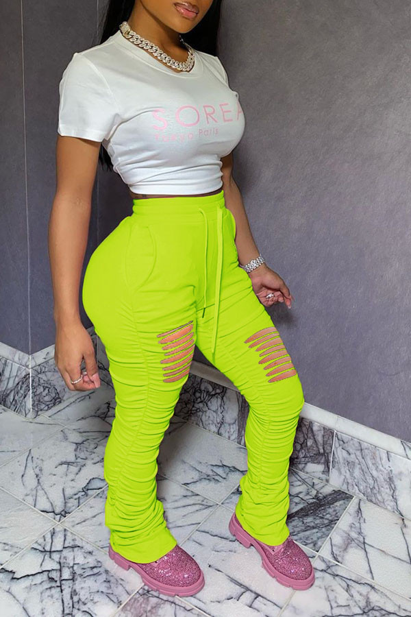 Fluorescent green Drawstring Mid Solid Hole Boot Cut Pants Bottoms