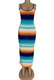 Hellblaue, sexy, erwachsene Ma'am-Spaghetti-Träger, ärmelloser Slip-Stufenrock, knöchellange Druckkleider