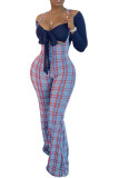 Azul marinho moda sexy adulto senhora xadrez retalhos sólidos duas peças ternos boot corte manga longa duas peças