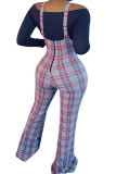 Navy Blue Fashion Sexy adult Ma'am Plaid Patchwork Solid Two Piece Suits Boot Cut Long Sleeve Two Pieces