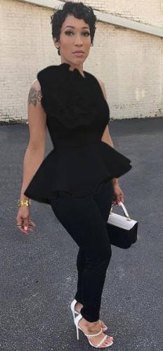 Black Fashion Sleeveless Floral Regular Blouses & Shirts