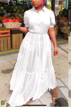 Weiße, modische, lässige Patchwork-feste Mesh-Kleider mit Umlegekragen und Gürtel