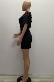 ブラックカジュアル半袖Oネックヒップスカートミニパッチワークバンデージカラーリングソリッドドレス