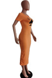 Оранжевое модное сексуальное платье-карандаш с круглым вырезом и принтом Ma'am Платья больших размеров