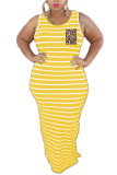 Желтый модный сексуальный взрослый мэм с круглым вырезом в полоску в полоску размера плюс