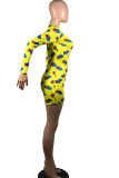 Yellow Sexy Print Long Sleeve V Neck Rompers
