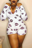 White Sexy Print Long Sleeve V Neck Rompers