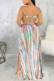 Blue Fashion Sexy adult Ma'am Off The Shoulder Sleeveless Wrapped chest Swagger Floor-Length Print Dresses