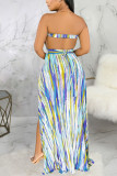 Blue Fashion Sexy adult Ma'am Off The Shoulder Sleeveless Wrapped chest Swagger Floor-Length Print Dresses