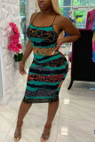Green Fashion Sexy adult Ma'am Spaghetti Strap Sleeveless Slip Step Skirt Knee-Length Leopard Dresses