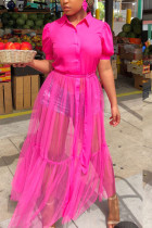 розово-красные модные повседневные лоскутные сплошные сетчатые платья с поясом и отложным воротником, платья Swagger