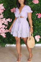 фиолетовые Сладкие платья с рюшами и короткими рукавами с V-образным вырезом и принтом в виде торта