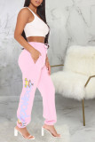 Розовые прямые брюки с кулиской и принтом средней длины
