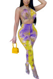 Yellow Fashion Light Tie-dyed Backless Sleeveless Hanging neck Jumpsuits