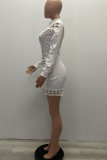 White Sexy Patchwork Solid lace Button Turtleneck Rompers