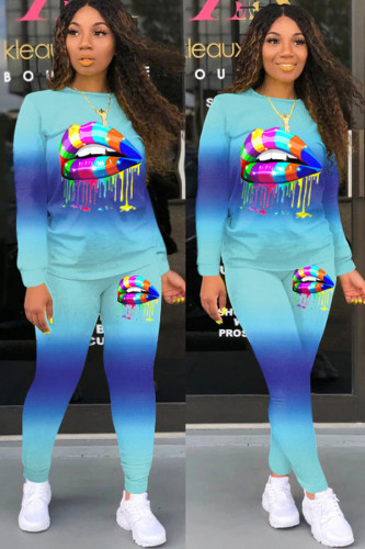 Blue Sexy Casual Print Gradient Lips Print pencil Long Sleeve Two Pieces