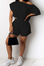 Zwarte mode casual volwassen mevrouw tweedelige pakken rechte twee stukken met korte mouwen