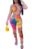 Yellow Fashion Light Tie-dyed Backless Sleeveless Hanging neck Jumpsuits