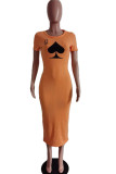 Оранжевое модное сексуальное платье-карандаш с круглым вырезом и принтом Ma'am Платья больших размеров