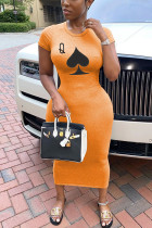 Orange Fashion Sexy Ma'am Print O Neck Pencil Dress Robes de grande taille