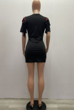 Black Casual Short Sleeves O neck Hip skirt Mini Patchwork bandage Colouring Solid Dresses