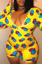 Yellow Sexy Print Long Sleeve V Neck Rompers