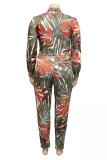 Red Sexy adult Fashion Casual O Neck Two Piece Suits Zippered Print