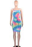 multicolor Sexy Spaghetti Strap Sleeveless Slip Step Skirt Mini Print Tie and dye Dresses