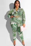 Green Sexy adult Fashion Casual O Neck Two Piece Suits Zippered Print