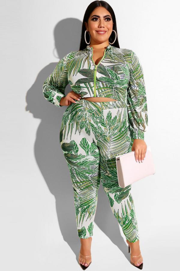 グリーンセクシーな大人のファッションカジュアルOネックツーピーススーツジッパープリント