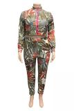 Red Sexy adult Fashion Casual O Neck Two Piece Suits Zippered Print
