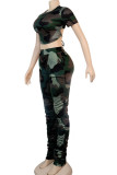 Camouflage Fashion Sexy adult Ma'am Patchwork Print backless Two Piece Suits pencil Short Sleeve Two Pieces