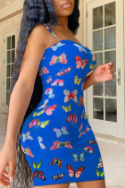Синий сексуальный спагетти ремень без рукавов Slip Step юбка мини-принт лоскутное платье с открытой спиной