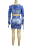 Blue Milk Silk Fashion Sexy adult Ma'am Print Two Piece Suits pencil Long Sleeve Two Pieces