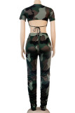 Camouflage Fashion Sexy adult Ma'am Patchwork Print backless Two Piece Suits pencil Short Sleeve Two Pieces