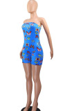 Blue Sexy Print Chemical fiber blend Sleeveless Wrapped Rompers
