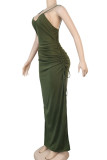 グリーンファッションセクシーな大人の奥様スパゲッティストラップノースリーブスリップヒップスカート足首までの長さのソリッドドレス