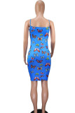 Blue Sexy Spaghetti Strap Sleeveless Slip Step Skirt Mini Print Patchwork backless Dresses