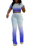 Azul marinho moda sexy adulto senhora impressão gradiente ternos de duas peças em linha reta manga curta duas peças