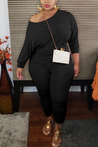 Schwarz Mode Sexy Adult Ma'am Solid Zweiteilige Anzüge Nähen O-Ausschnitt Plus Größe