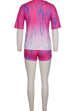 Red Fashion Celebrities adult Ma'am Print Tie Dye contrast color Two Piece Suits pencil Short Sleeve Two Pieces