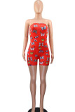 rose red Sexy Print Chemical fiber blend Sleeveless Wrapped Rompers