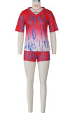 Red Fashion Celebrities adult Ma'am Print Tie Dye contrast color Two Piece Suits pencil Short Sleeve Two Pieces