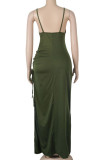 Green Fashion Sexy adult Ma'am Spaghetti Strap Sleeveless Slip Hip skirt Ankle-Length Solid Dresses